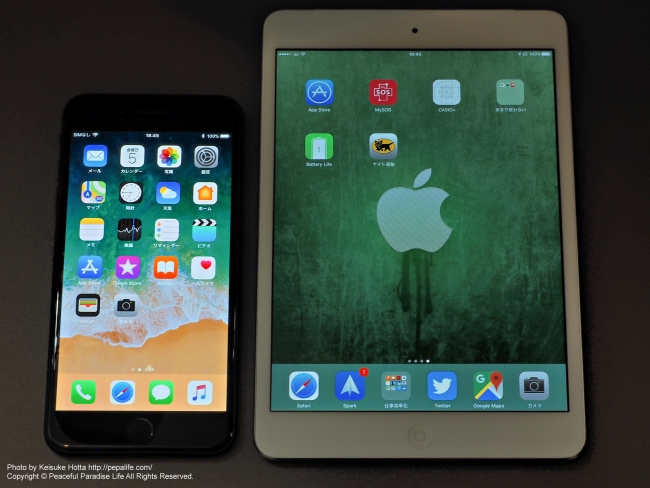 Apple iPhone 7 Plus と iPaｄ mini 2 画面の大きさ比較